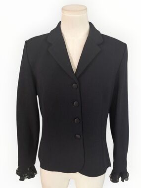 ST.  JOHN Black Classic Blazer Jacket Silk Ruffle Cuffs Sleeves Work Evening 6